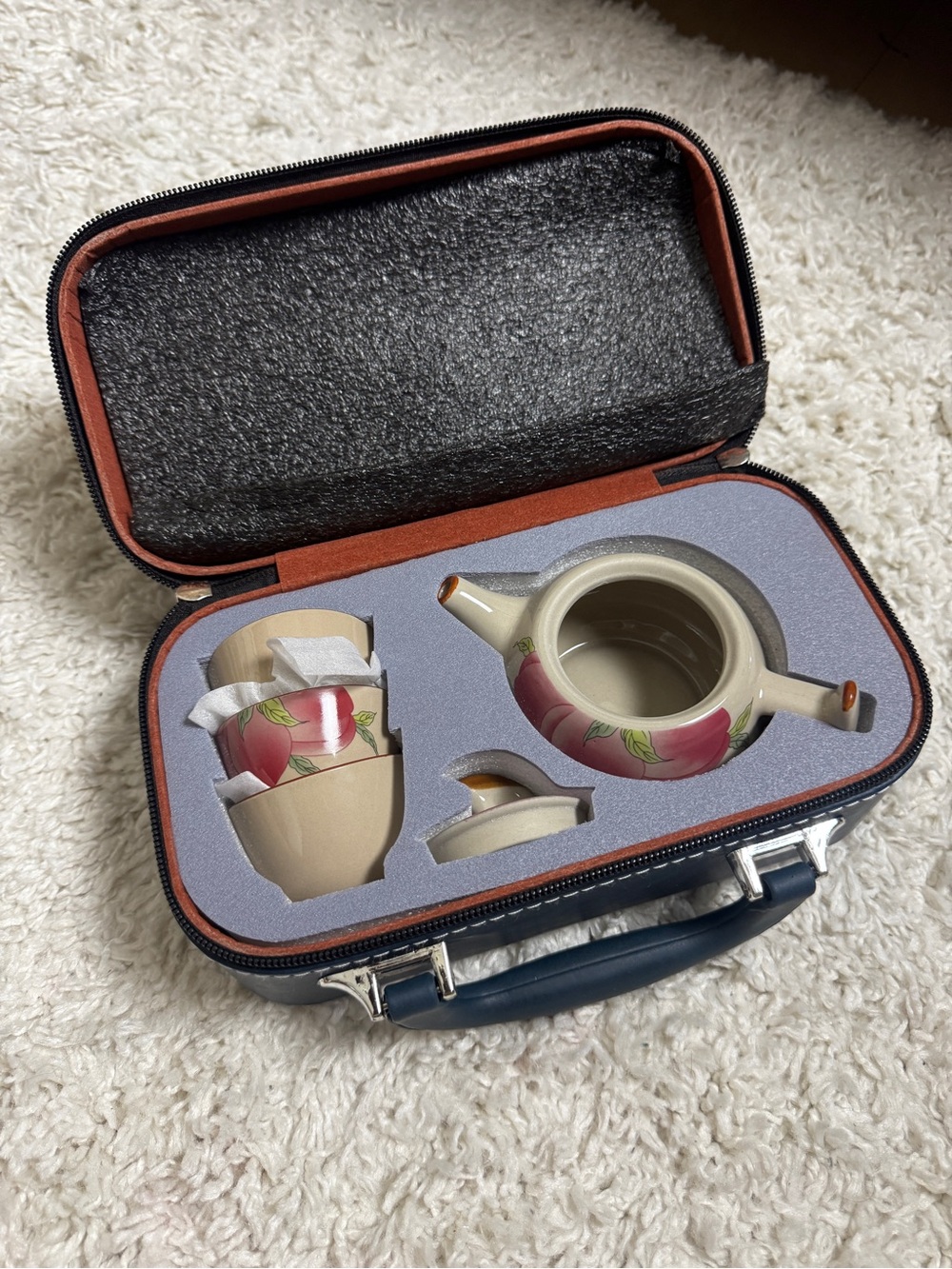 Ceramic Teapot Set with Pink Floral Accent - Portable Gift Case